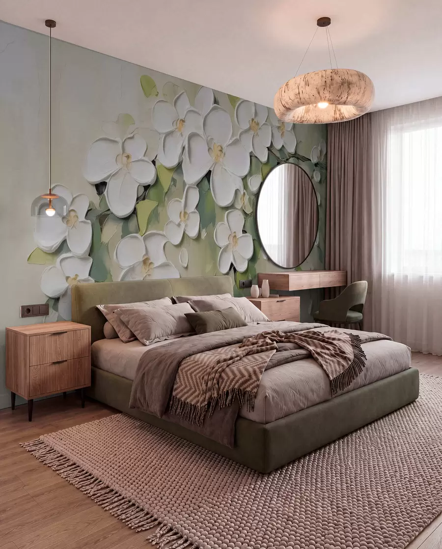 Fotobehang Witte bloemen op olijfgroen w04978