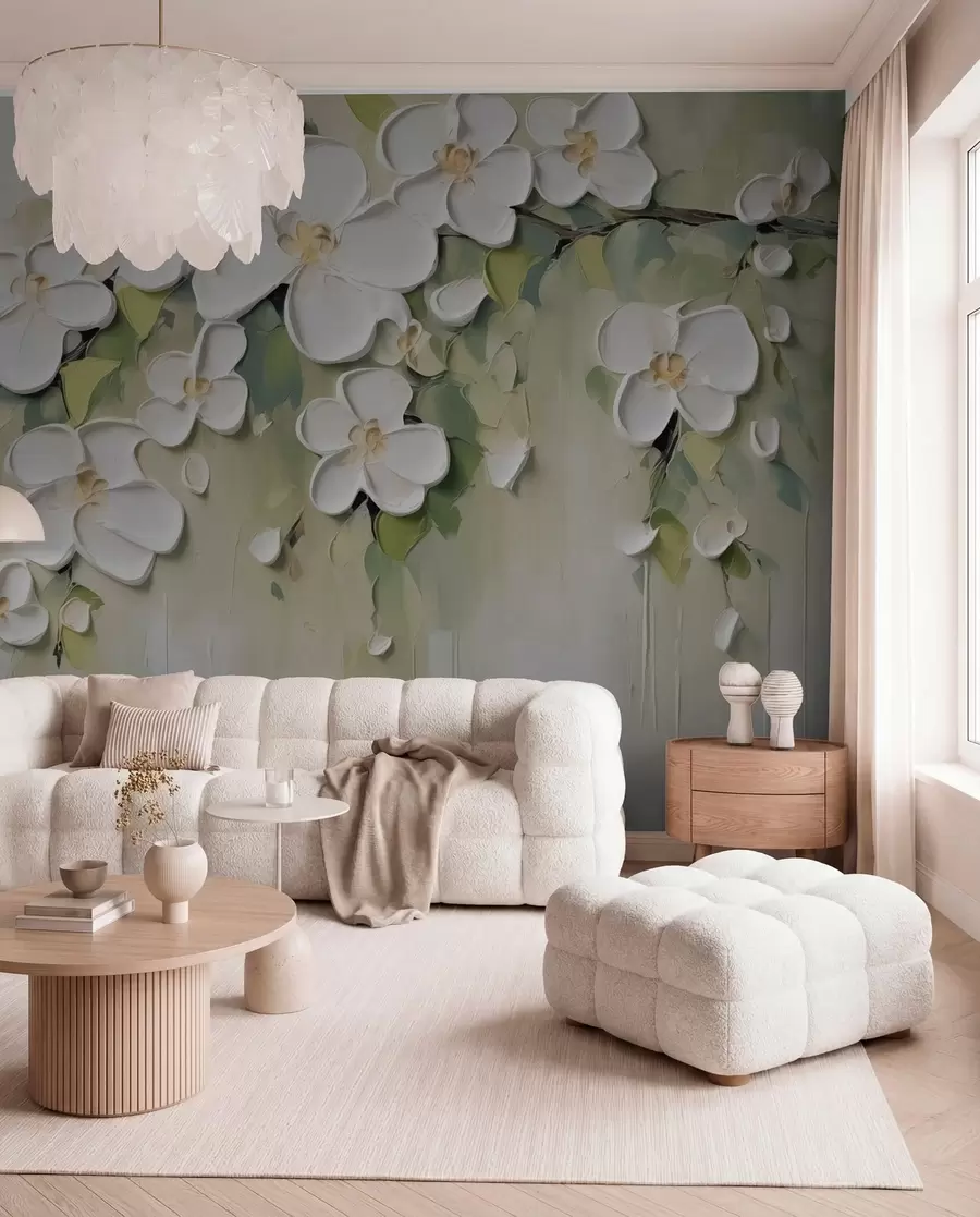 Fotobehang Witte bloemen op olijfgroen w04978