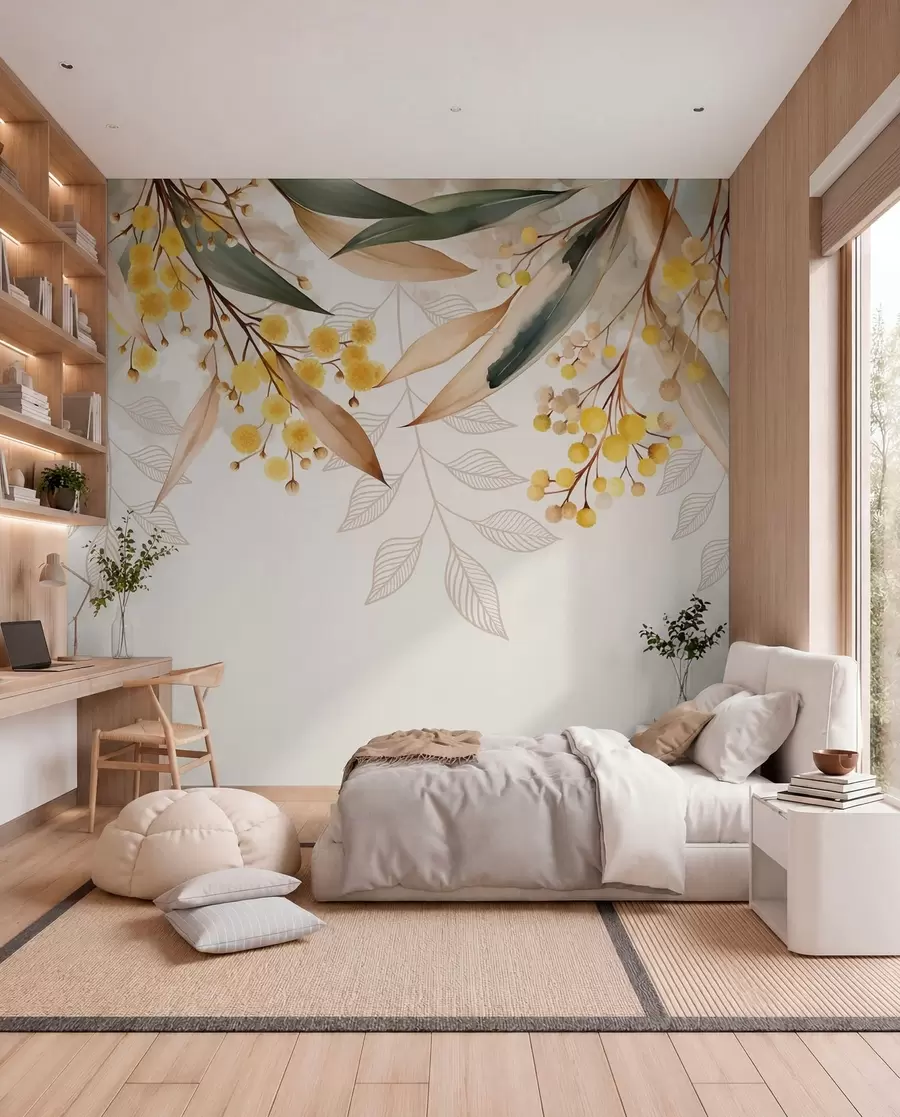 Fotobehang bloemen en bladeren van mimosa die van bovenaf vallen in aquarelstijl w04880