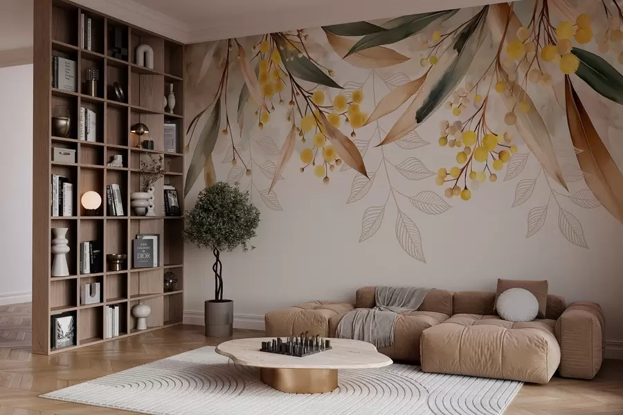 Fotobehang bloemen en bladeren van mimosa die van bovenaf vallen in aquarelstijl w04880