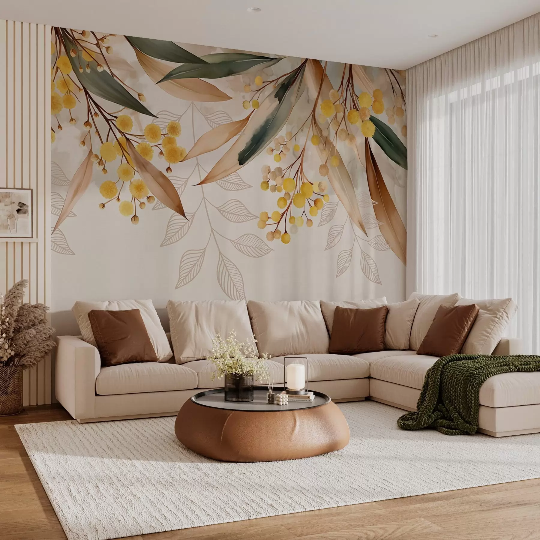 Fotobehang bloemen en bladeren van mimosa die van bovenaf vallen in aquarelstijl w04880