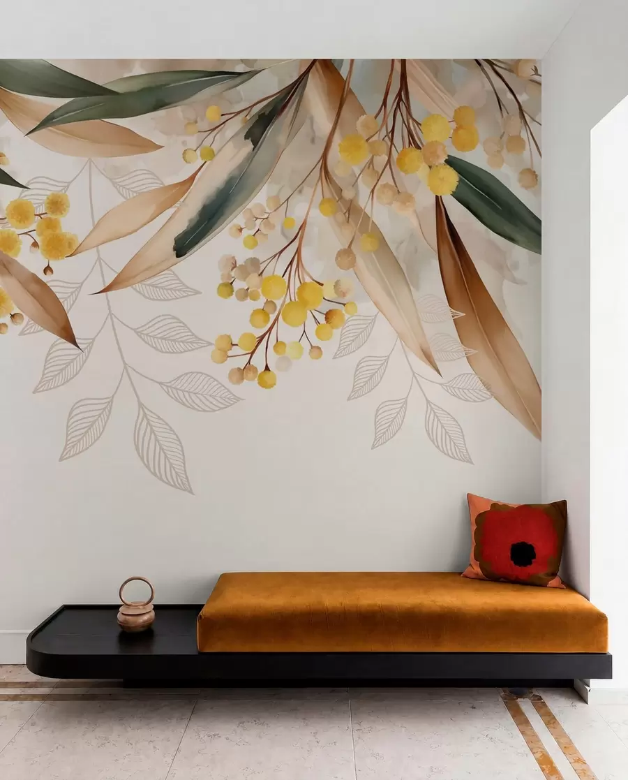 Fotobehang bloemen en bladeren van mimosa die van bovenaf vallen in aquarelstijl w04880