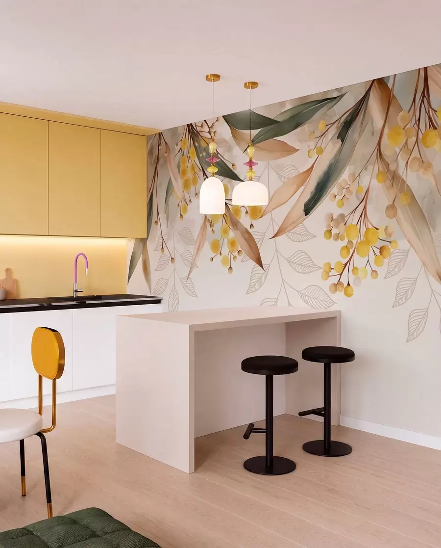 Fotobehang bloemen en bladeren van mimosa die van bovenaf vallen in aquarelstijl w04880