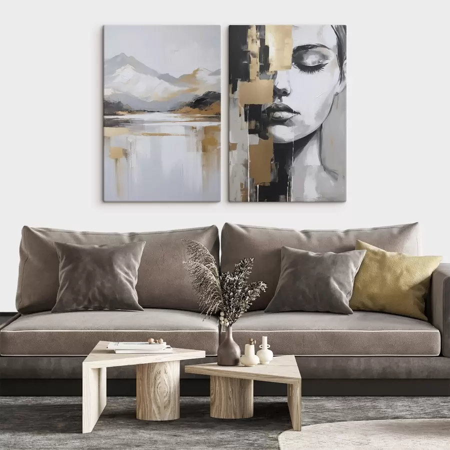  Schilderijen Abstract berglandschap en portret m01058