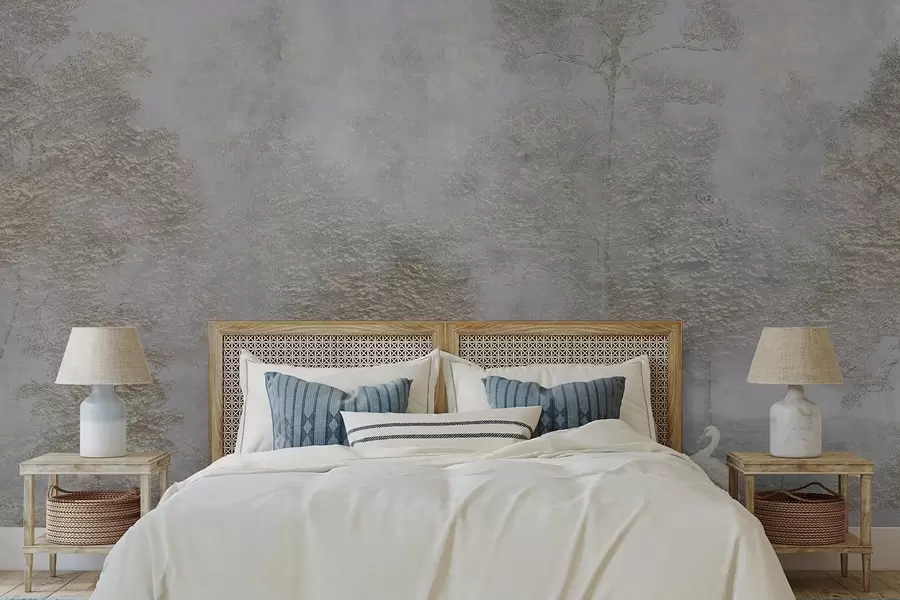 Fotobehang Mistig bos met een witte reiger en zachte textuur w04953