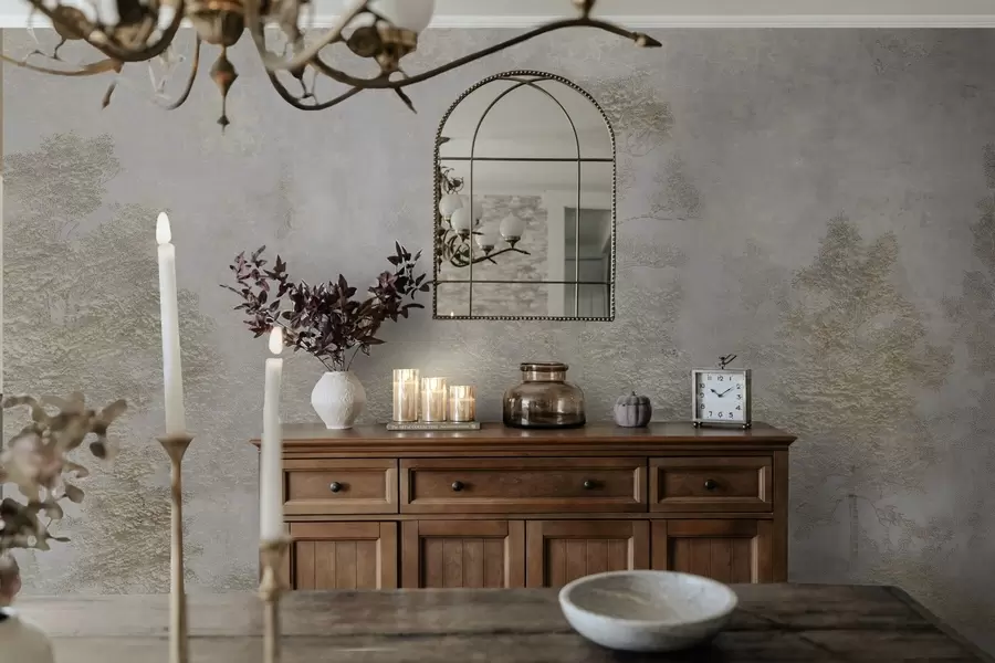 Fotobehang Mistig bos met een witte reiger en zachte textuur w04953