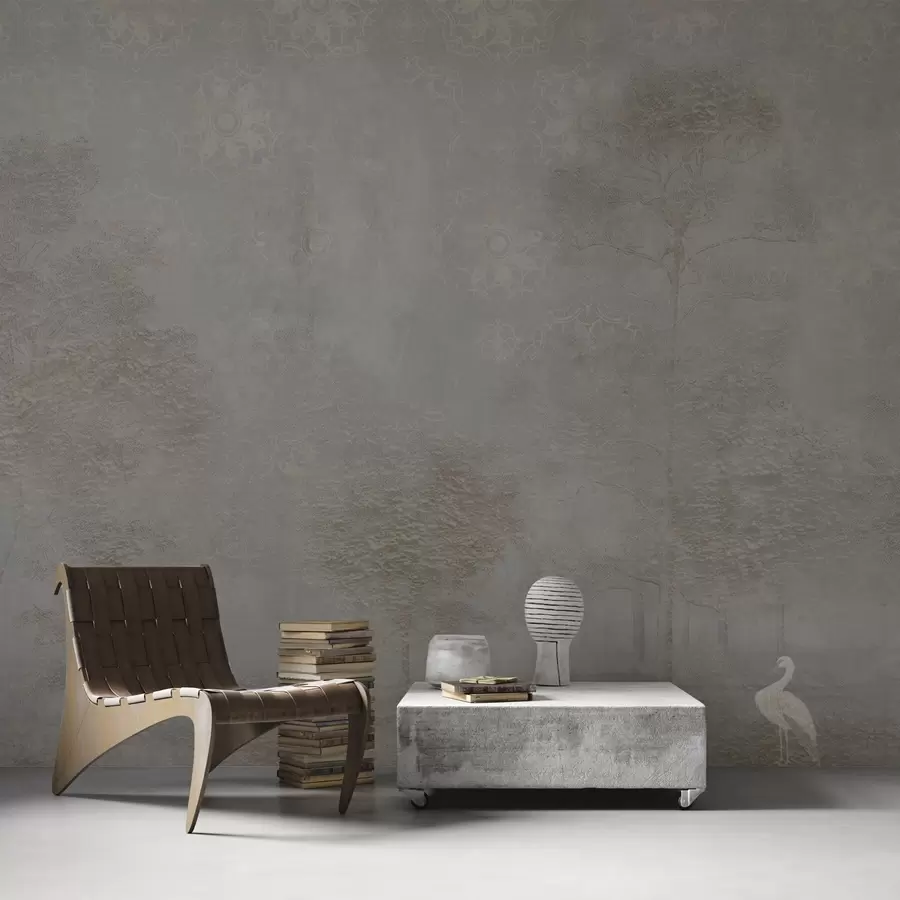 Fotobehang Mistig bos met een reiger en een decoratief patroon erboven w04953v1