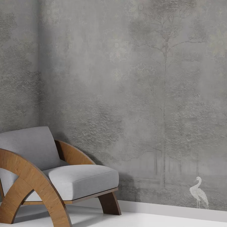 Fotobehang Licht mistig bos met een reiger in koele grijstinten w04953v2