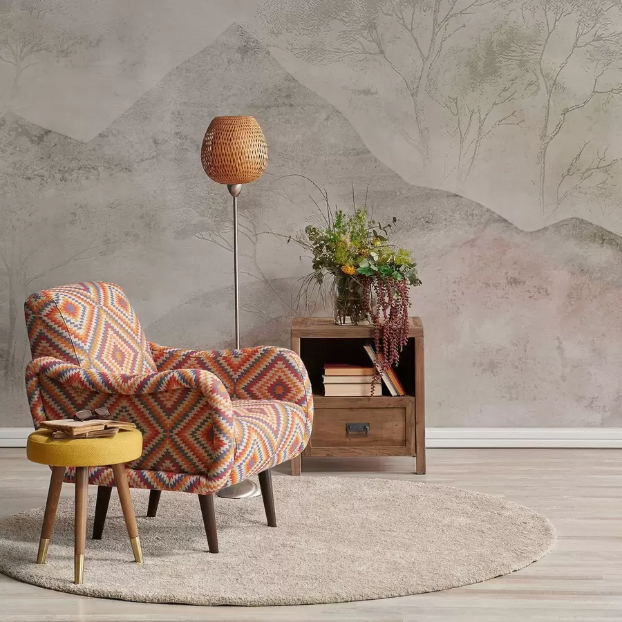 Fotobehang Zachte pastelkleurige bergen en bomen in lichte mist w04954