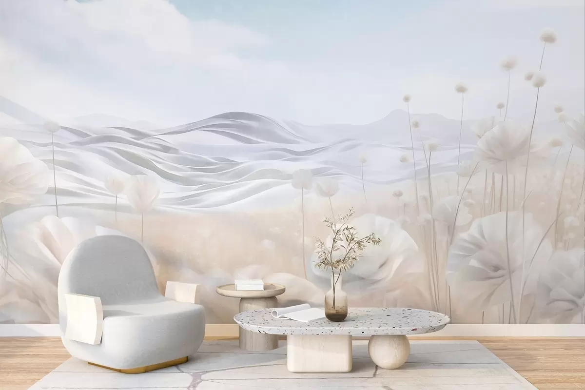 Fotobehang Getextureerd veld met crèmekleurige klaprozen en glooiende heuvels onder een lichtblauwe lucht met zachte wolken, pastelkleuren w09553