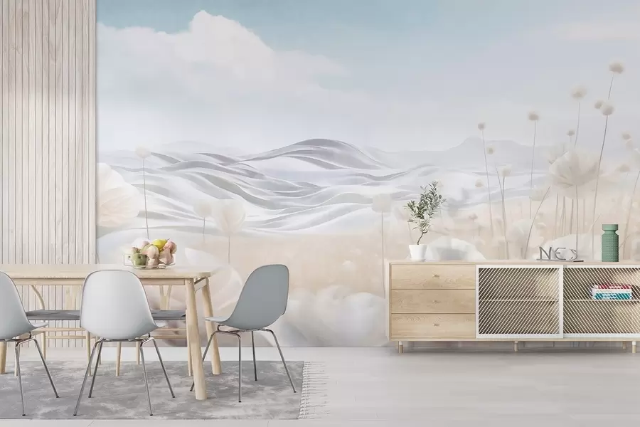 Fotobehang Getextureerd veld met crèmekleurige klaprozen en glooiende heuvels onder een lichtblauwe lucht met zachte wolken, pastelkleuren w09553