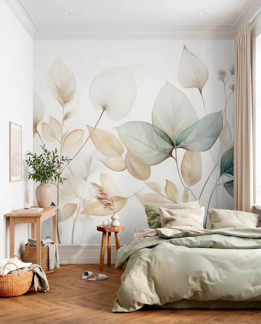 Fotobehang Getextureerde, doorschijnende bladeren in gedempte tinten beige en blauwgroen, met delicate stengels tegen een zachte, lichte achtergrond w09583