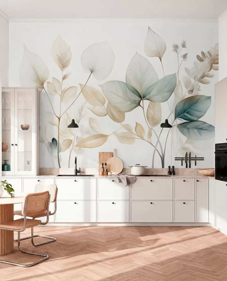 Fotobehang Getextureerde, doorschijnende bladeren in gedempte tinten beige en blauwgroen, met delicate stengels tegen een zachte, lichte achtergrond w09583