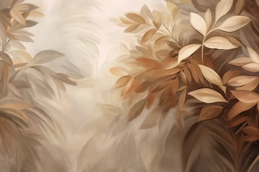 Fotobehang Bruine en beige bladeren met zacht, wazig gestructureerd gebladerte, in een schilderachtige stijl met zichtbare penseelstreken w09584