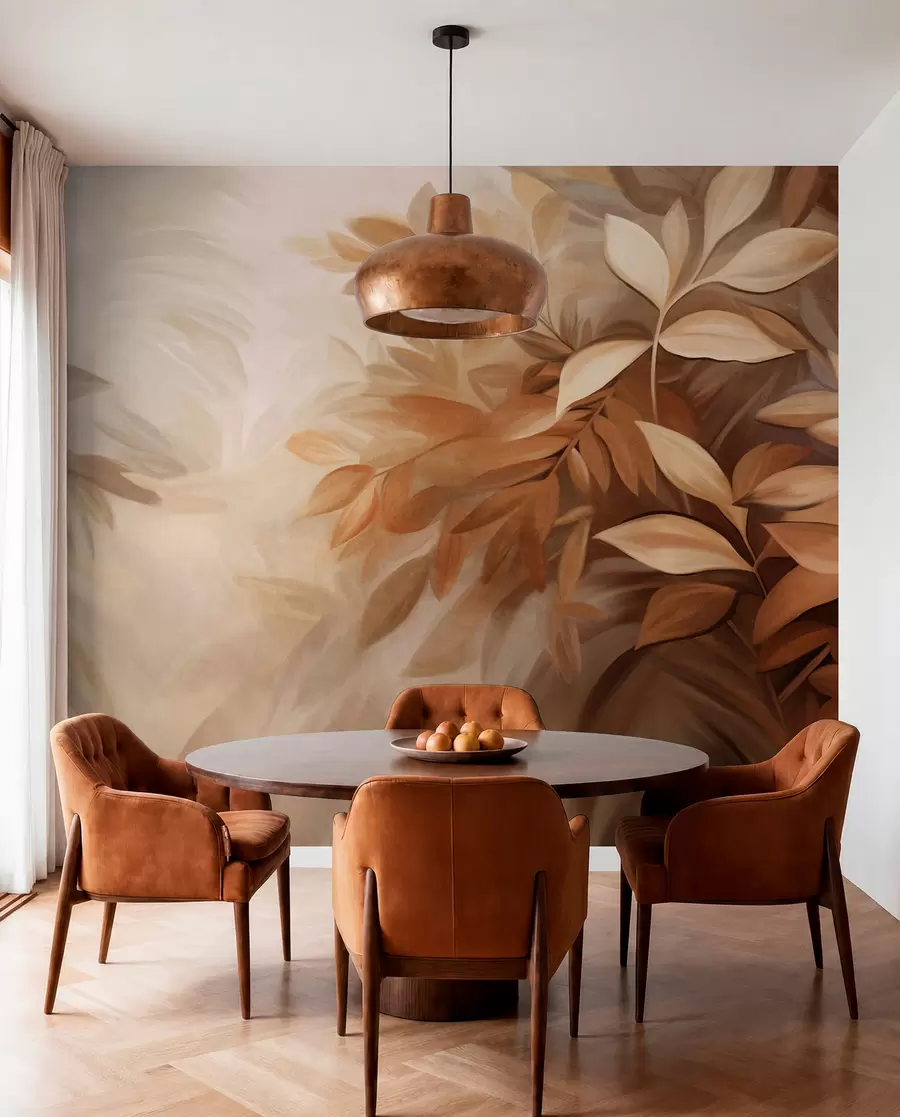Fotobehang Bruine en beige bladeren met zacht, wazig gestructureerd gebladerte, in een schilderachtige stijl met zichtbare penseelstreken w09584