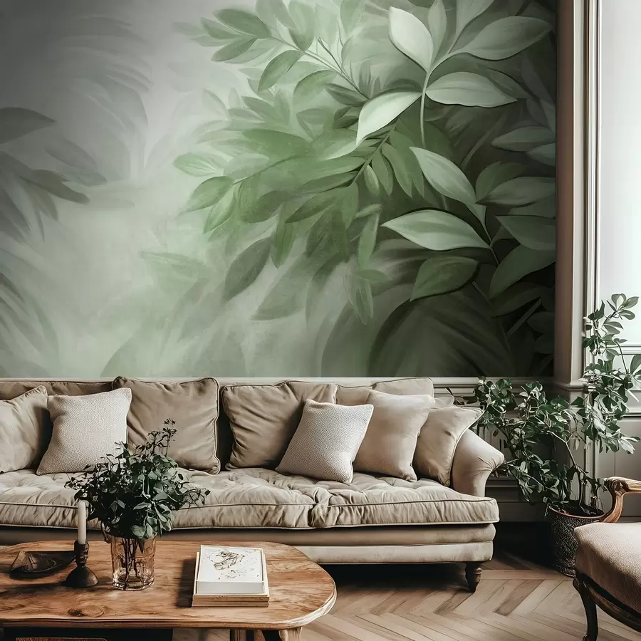 Fotobehang Groene en grijze bladeren met zacht, wazig gestructureerd gebladerte, in een schilderachtige stijl met zichtbare penseelstreken w09584v1
