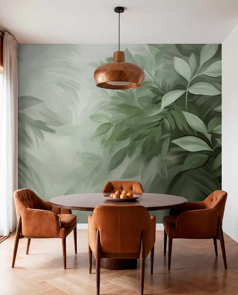 Fotobehang Groene en grijze bladeren met zacht, wazig gestructureerd gebladerte, in een schilderachtige stijl met zichtbare penseelstreken w09584v1