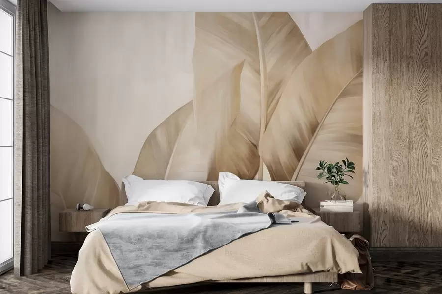 Fotobehang Getextureerde grote, lichtbruine bananenbladeren tegen een lichtbeige achtergrond, met een zachte en minimalistische esthetiek w09586