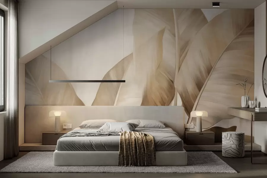 Fotobehang Getextureerde grote, lichtbruine bananenbladeren tegen een lichtbeige achtergrond, met een zachte en minimalistische esthetiek w09586
