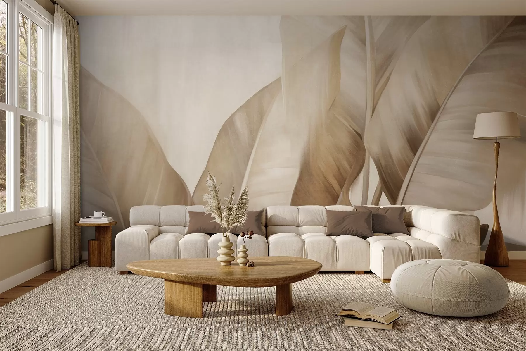 Fotobehang Getextureerde grote, lichtbruine bananenbladeren tegen een lichtbeige achtergrond, met een zachte en minimalistische esthetiek w09586