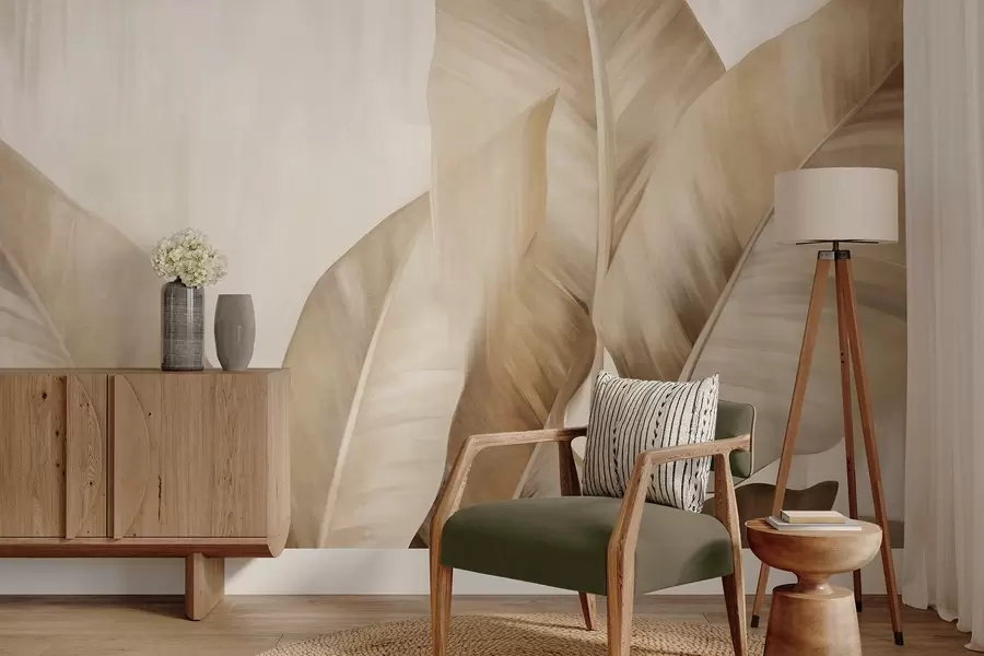 Fotobehang Getextureerde grote, lichtbruine bananenbladeren tegen een lichtbeige achtergrond, met een zachte en minimalistische esthetiek w09586