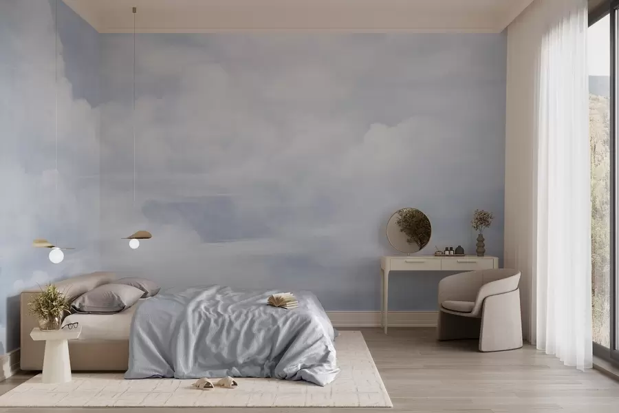 Fotobehang Pastelkleurige lucht met witte wolken en een zachte, minimalistische esthetiek w09589