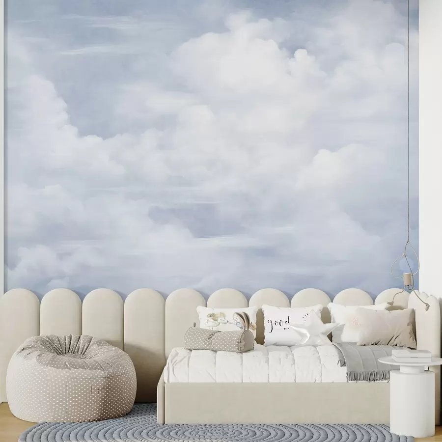 Fotobehang Pastelkleurige lucht met witte wolken en een zachte, minimalistische esthetiek w09589
