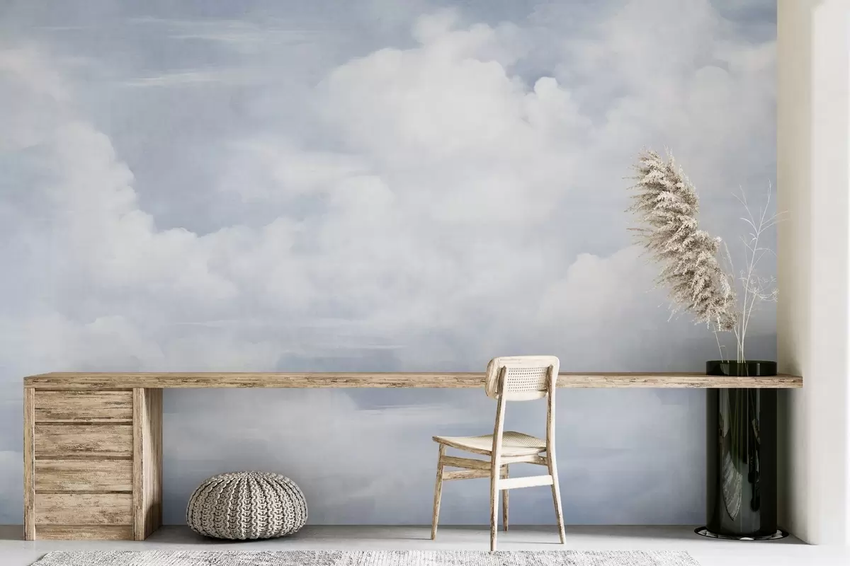 Fotobehang Pastelkleurige lucht met witte wolken en een zachte, minimalistische esthetiek w09589