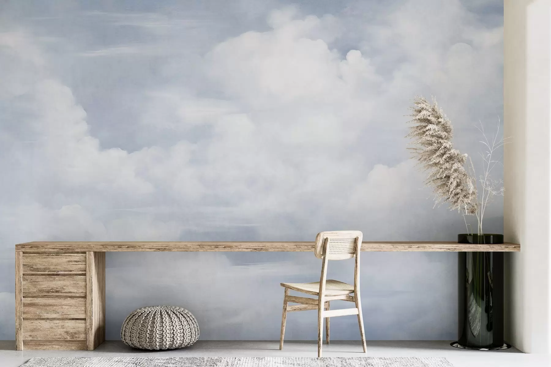 Fotobehang Pastelkleurige lucht met witte wolken en een zachte, minimalistische esthetiek w09589