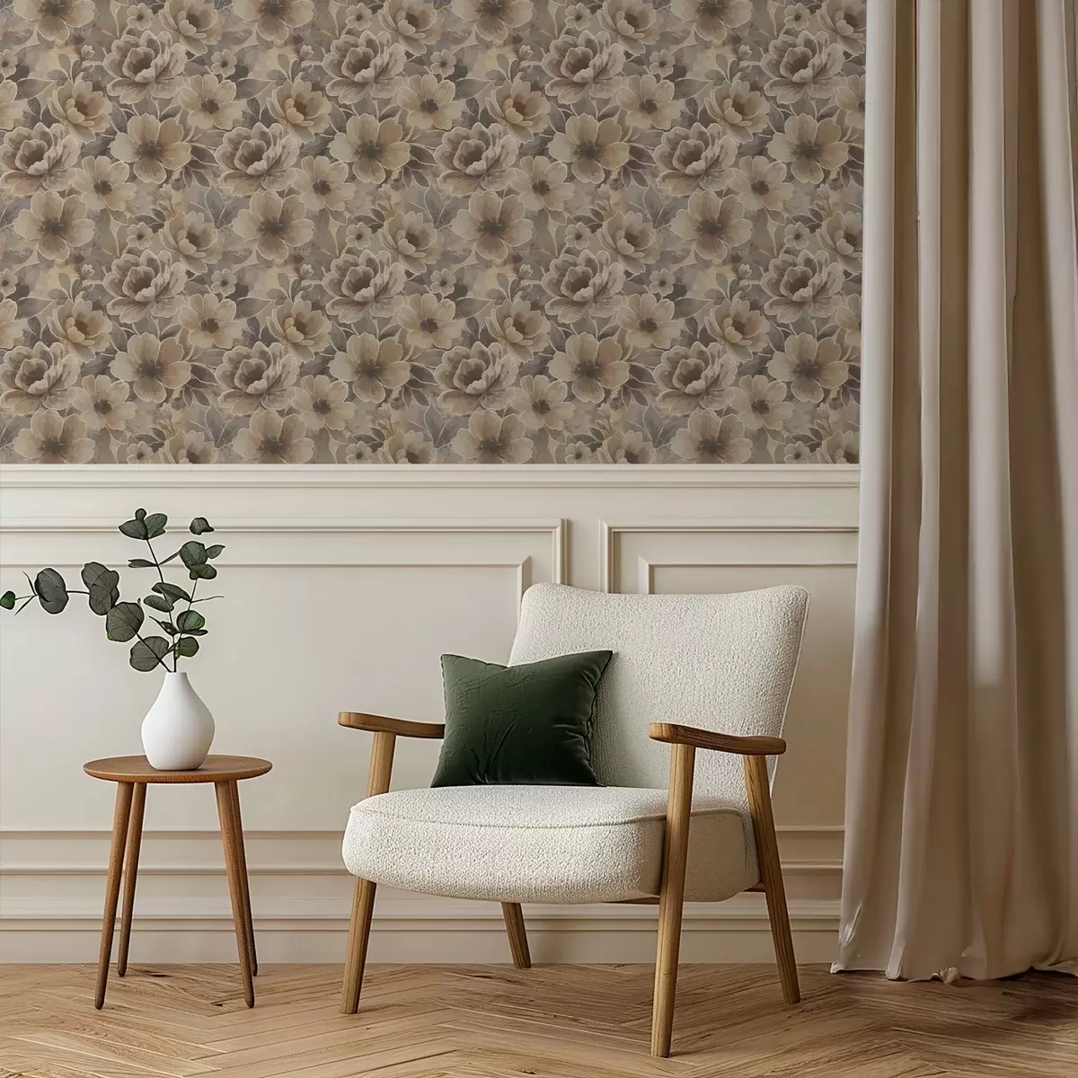 Behang Schilderachtige beige bloemen op een rokerige abstracte achtergrond a00884