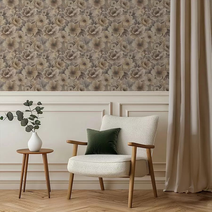 Fotobehang Schilderachtige beige bloemen op een rokerige abstracte achtergrond a00884