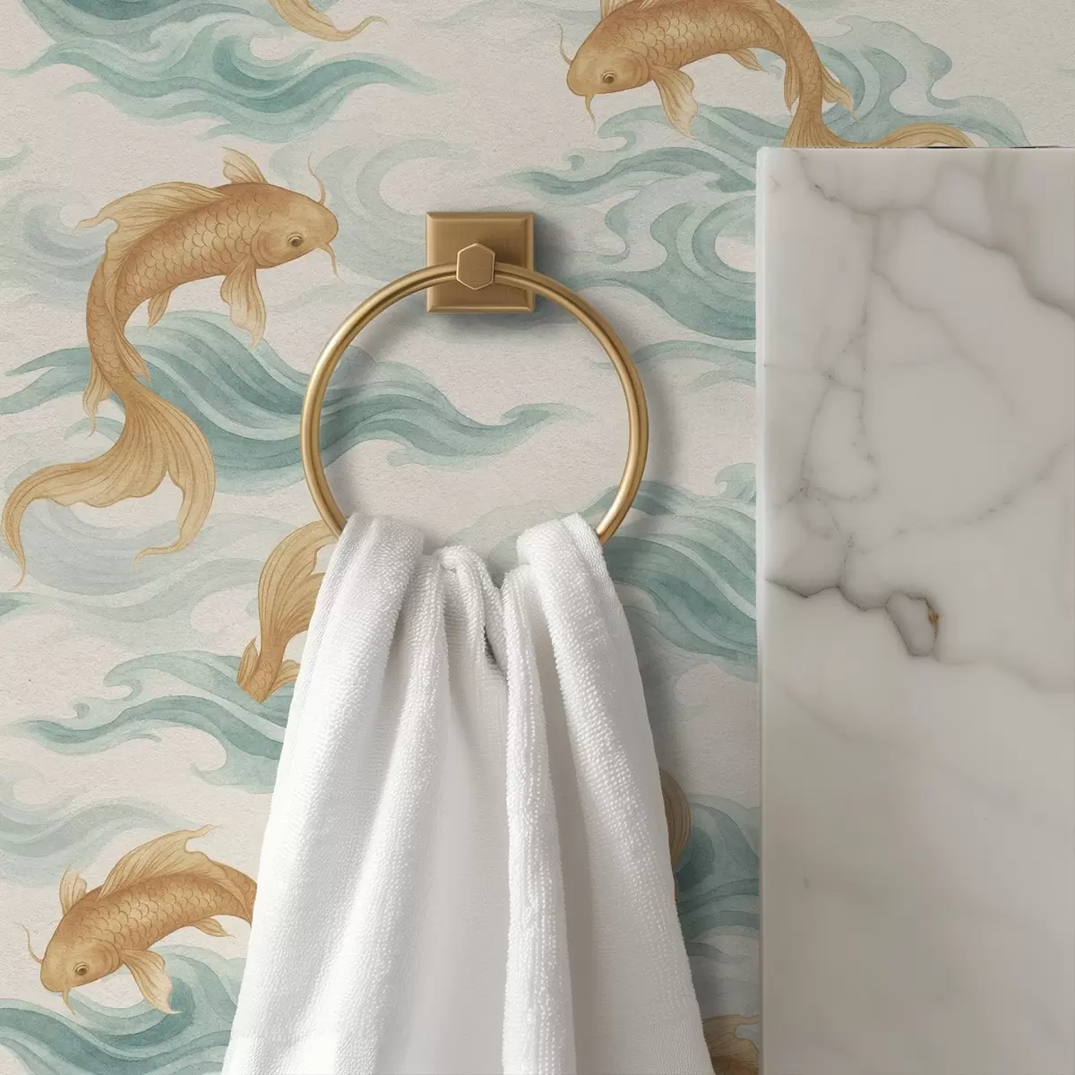 Behang Amberkleurige koivissen zwemmen tussen zachte turquoise golven a00894