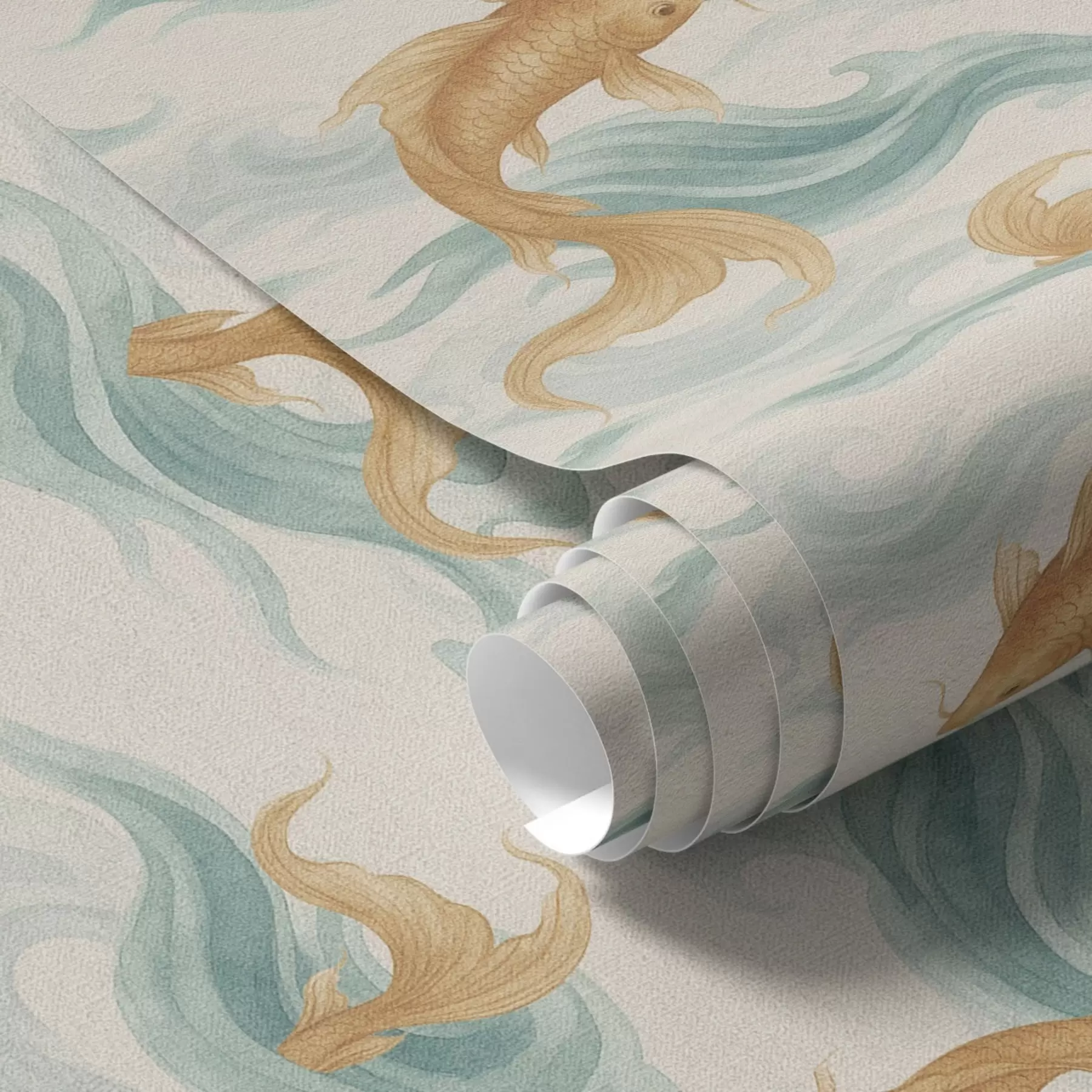 Fotobehang Amberkleurige koivissen zwemmen tussen zachte turquoise golven a00894