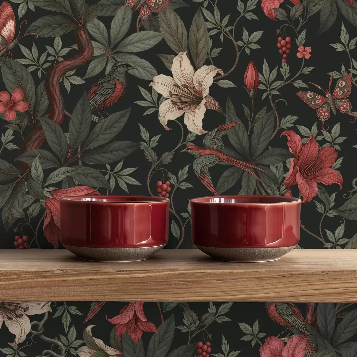 Behang Donkere jungle bloemen met vogels en vlinders a00895