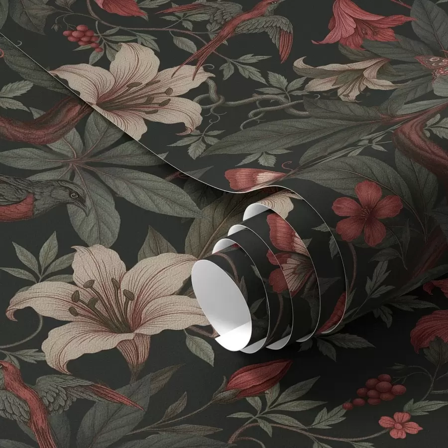 Fotobehang Donkere jungle bloemen met vogels en vlinders a00895