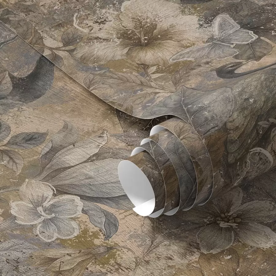 Fotobehang Verouderde bloemencollage met pauwen en vlinders a00897