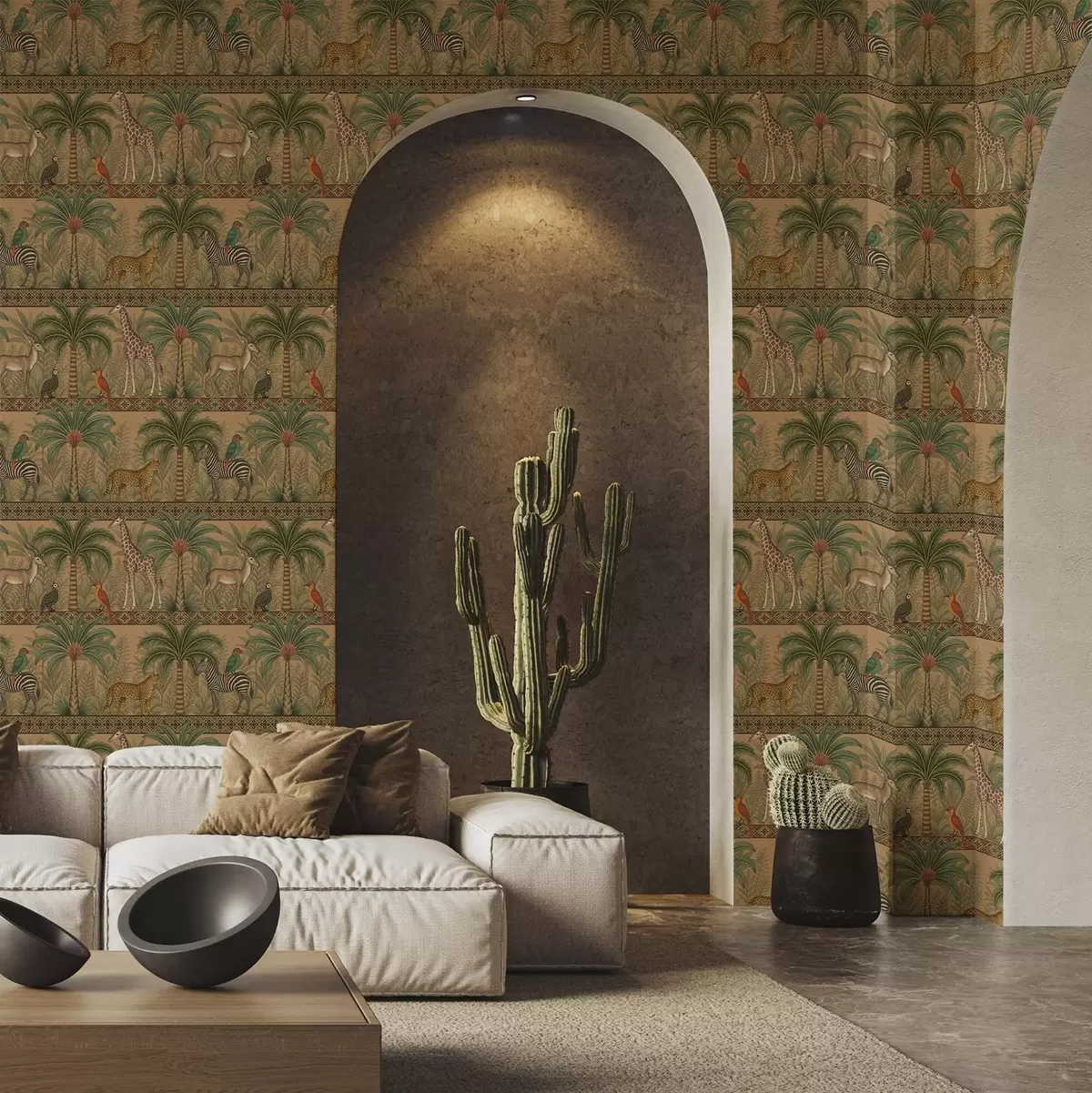 Behang Decoratieve savannedieren tussen palmen en borders a00898