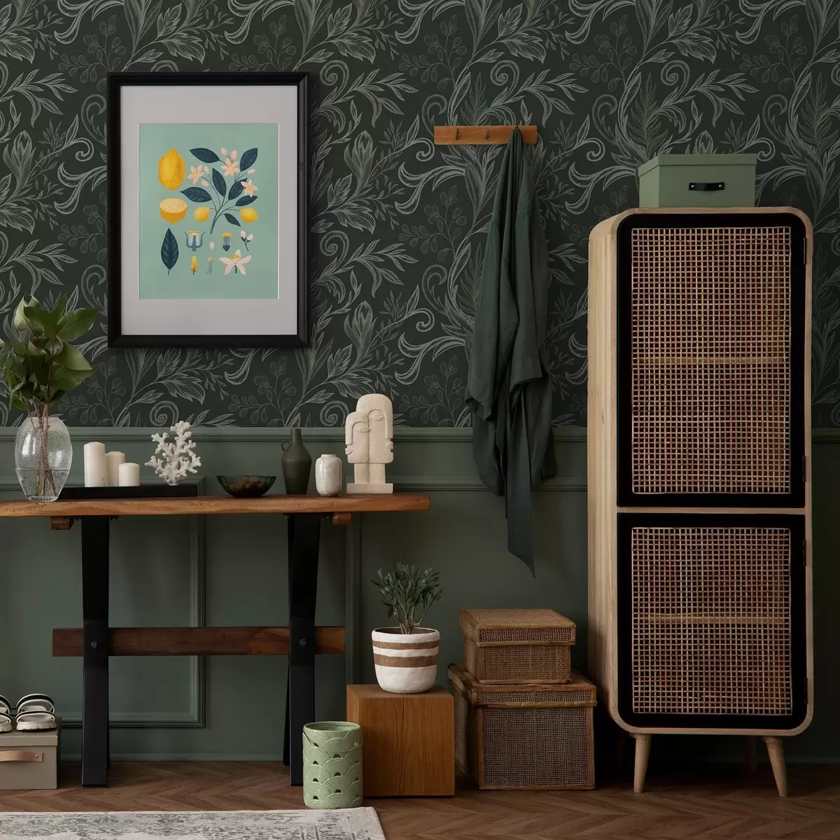 Behang Diep bos gekrulde bladeren in krijtachtige groene tinten a00935v2