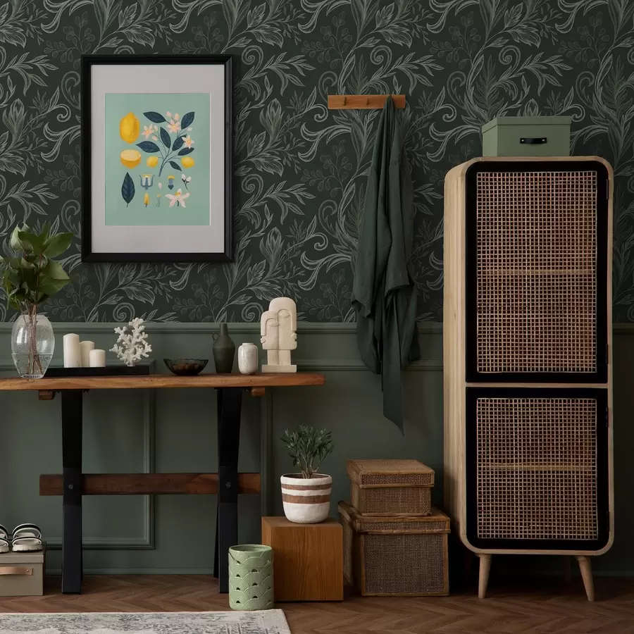 Fotobehang Diep bos gekrulde bladeren in krijtachtige groene tinten a00935v2