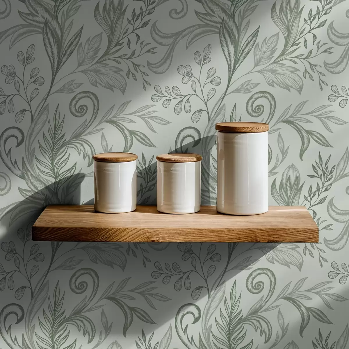 Behang Zachte munt met gekrulde blaadjes in delicate grijsgroene lijnen a00935v3