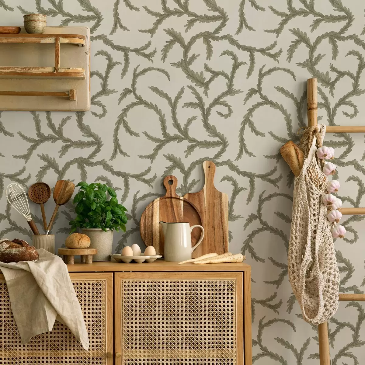 Behang Zachte groene naaldboomkrullen op een lichte achtergrond a00938