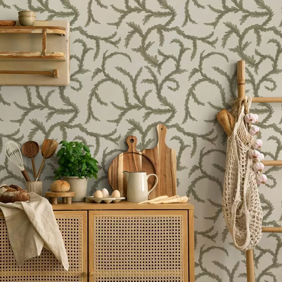 Fotobehang Zachte groene naaldboomkrullen op een lichte achtergrond a00938