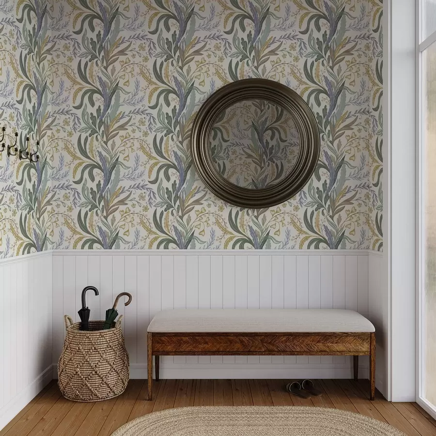 Fotobehang Weelderig bloemenornament in een zacht pastelpalet a00939