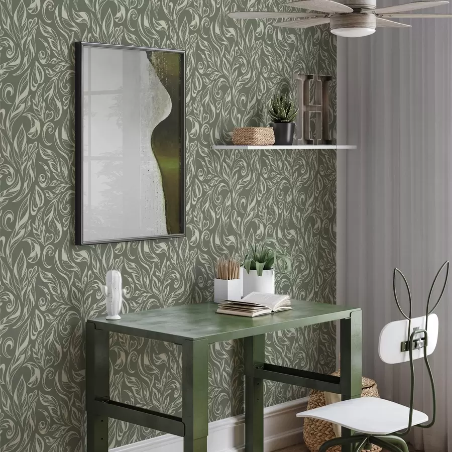 Fotobehang Crèmekleurig bladornament op een groengrijze achtergrond a00940v2