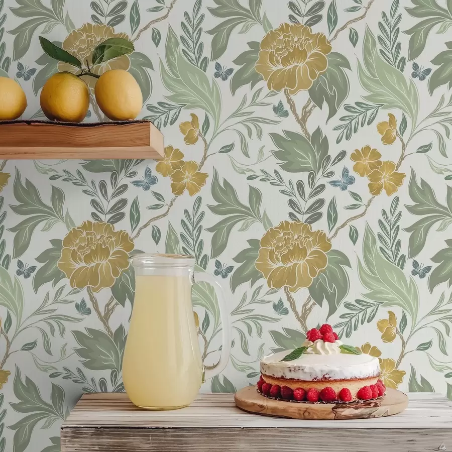 Fotobehang Grote gele pioenrozen en groen op een lichte achtergrond a00941