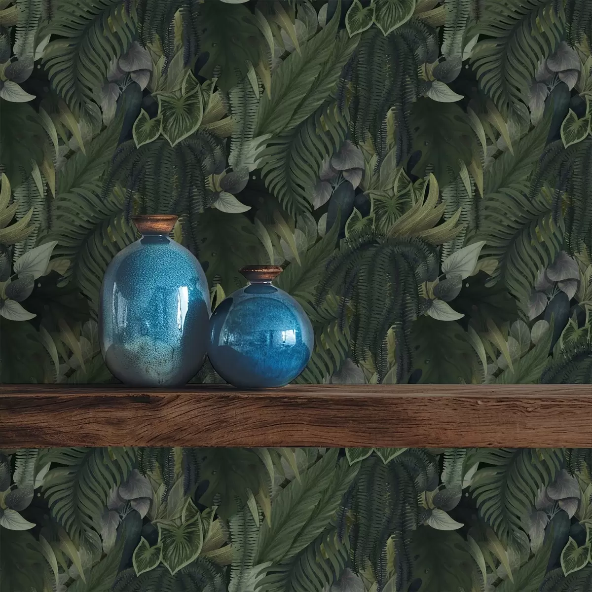 Behang Dicht tropisch gebladerte in diepgroene struikgewas a00943