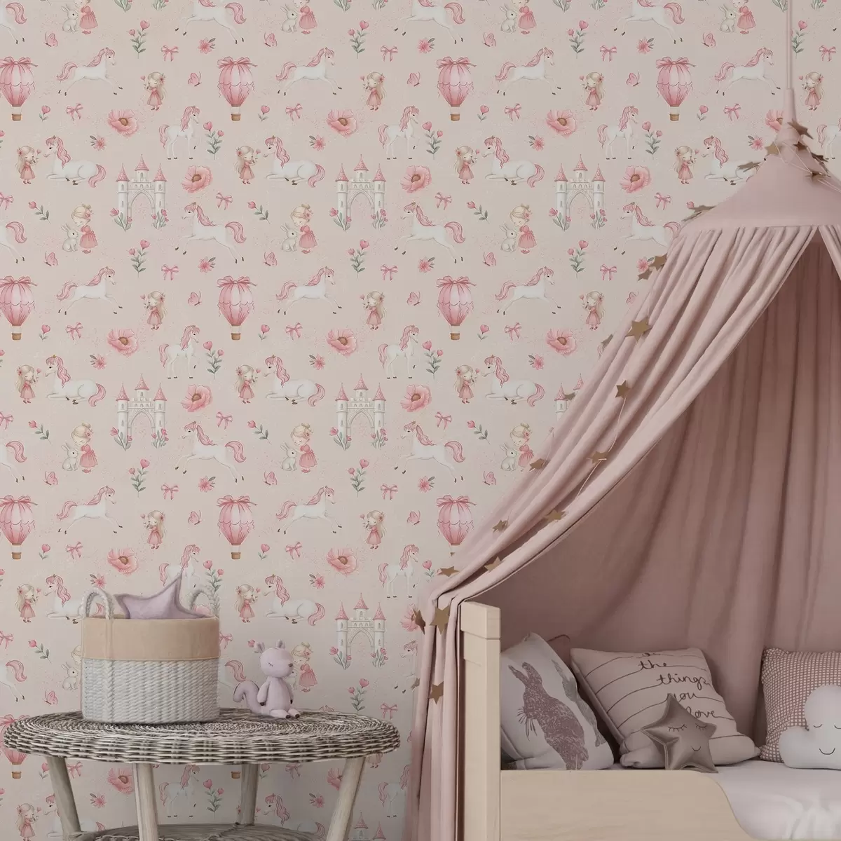 Behang Roze eenhoorns, kleine meisjes en een kasteel op een zachte achtergrond a00957