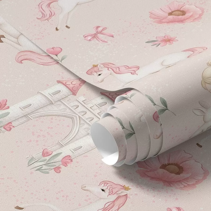 Fotobehang Roze eenhoorns, kleine meisjes en een kasteel op een zachte achtergrond a00957