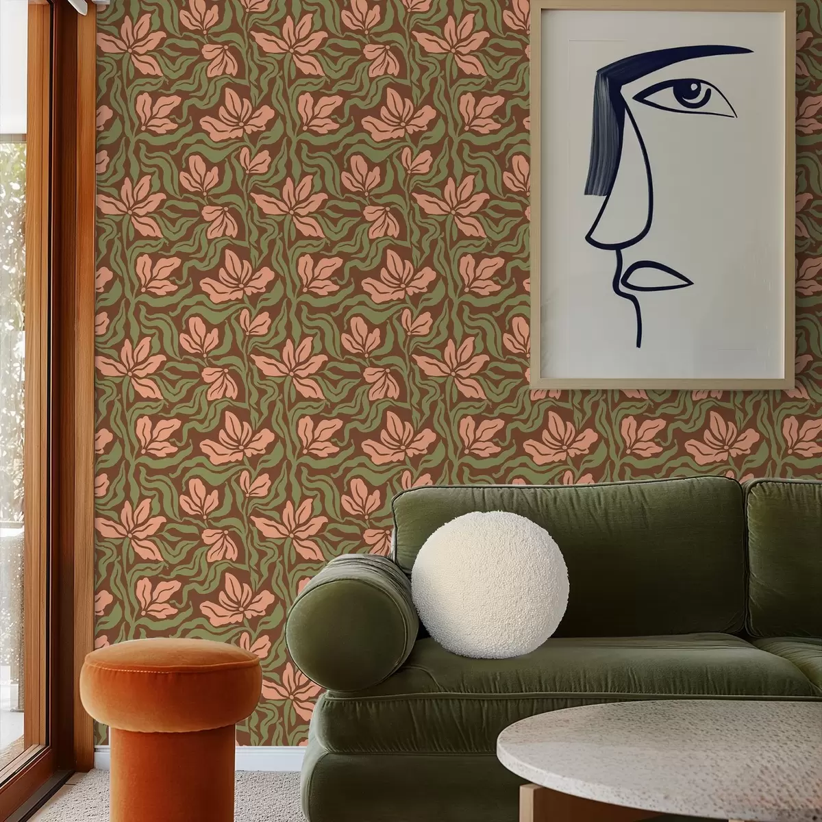 Behang Perzikbloesems en groen op een diepbruine achtergrond a00958v2