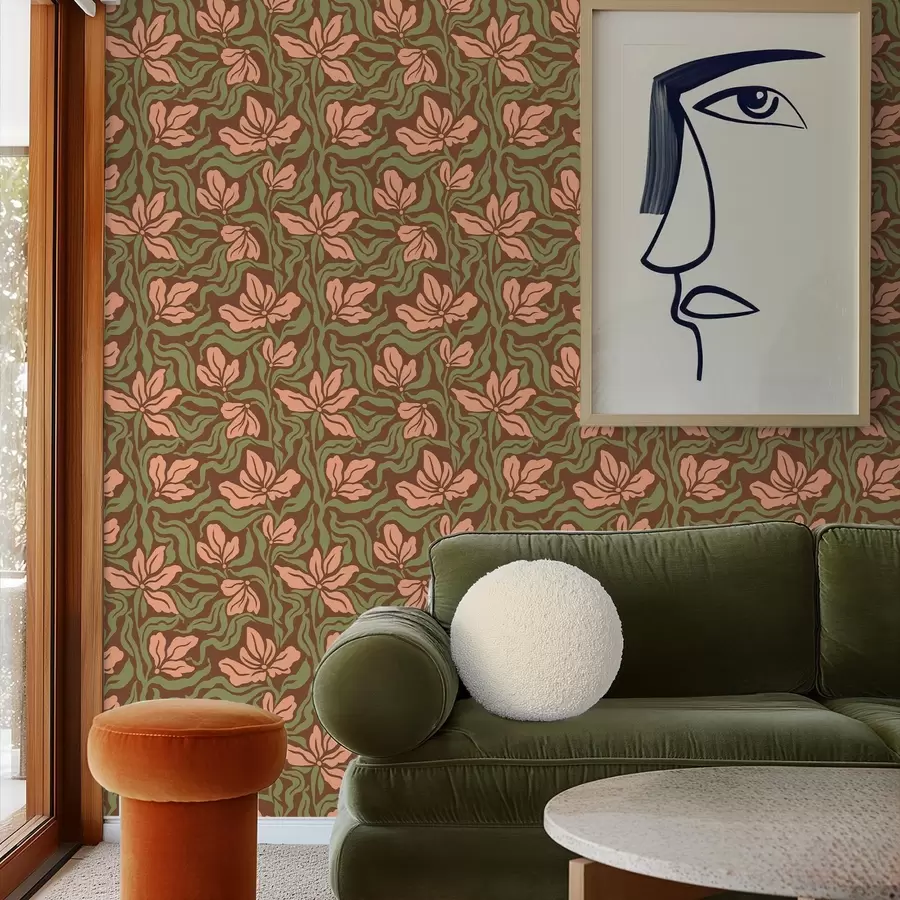 Fotobehang Perzikbloesems en groen op een diepbruine achtergrond a00958v2